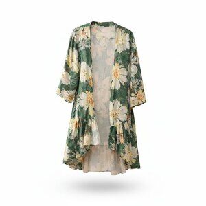 Green Floral Ruffle Hem Kimono